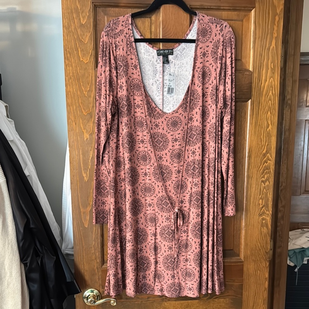 Forever 21 Pink Long Sleeve Plunge Sundress